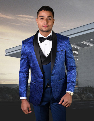 Mens One Button Royal Blue Tuxedo with Double Breasted Vest