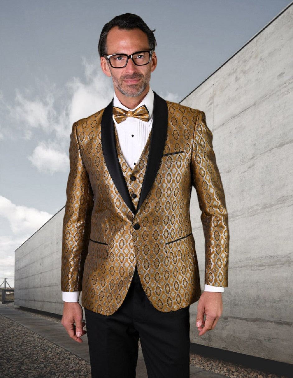 Mens Vested Shiny Diamond Print Tuxedo in Gold