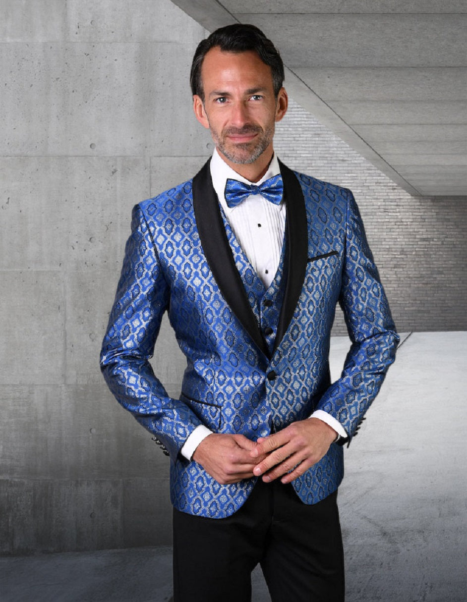Mens Vested Shiny Diamond Print Tuxedo in Royal Blue