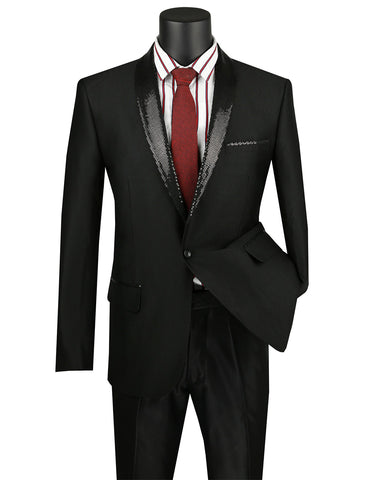 Mens 1 button Dinner Jacket with Sequin Shawl Lapel in Black