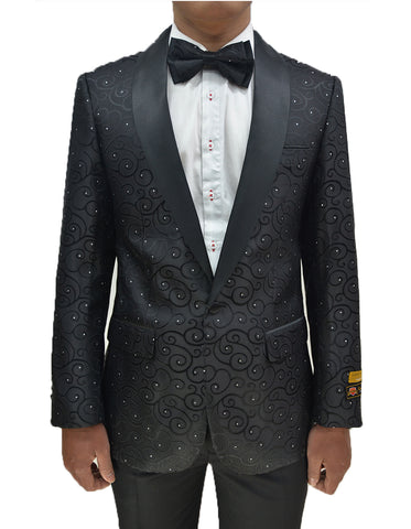 Mens Swirl & Diamond Pattern Tuxedo Jacket in Black