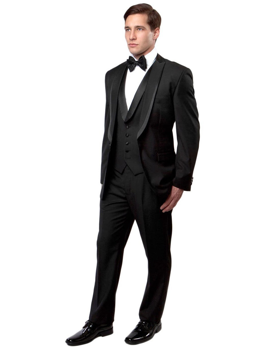 36 Mens Vested Modern Fit Peak Trim Wool Tuxedo in Black