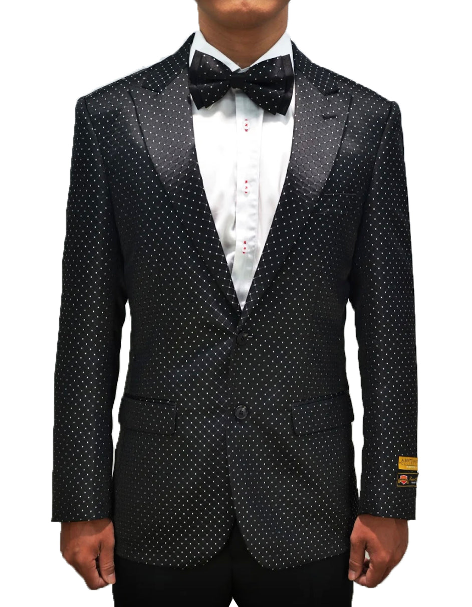 Mens 2 Button Peak Lapel Micro Dot Prom Tuxedo Dinner Jacket in Black