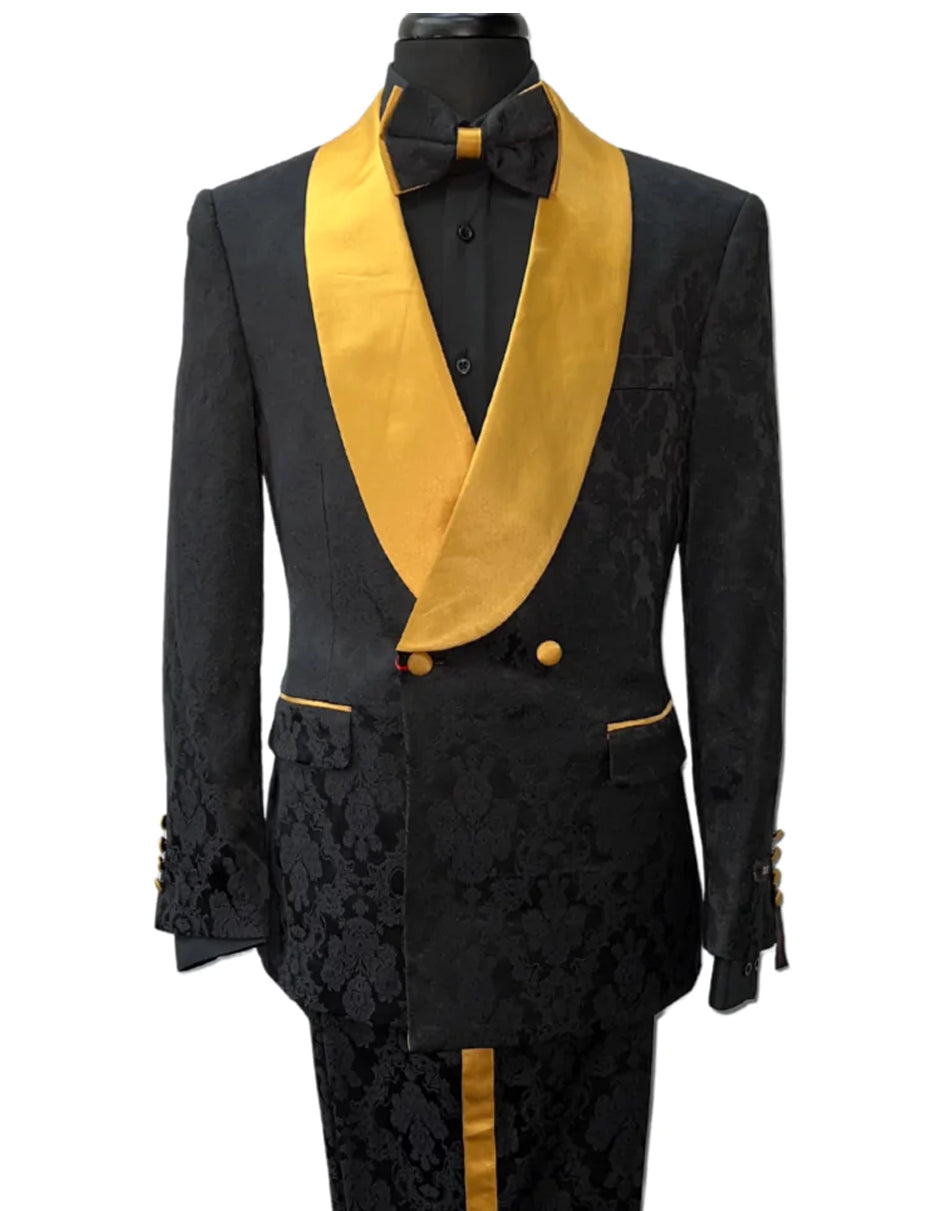 Mens Double Breasted Black Paisley with Gold Lapel Prom Tuxedo