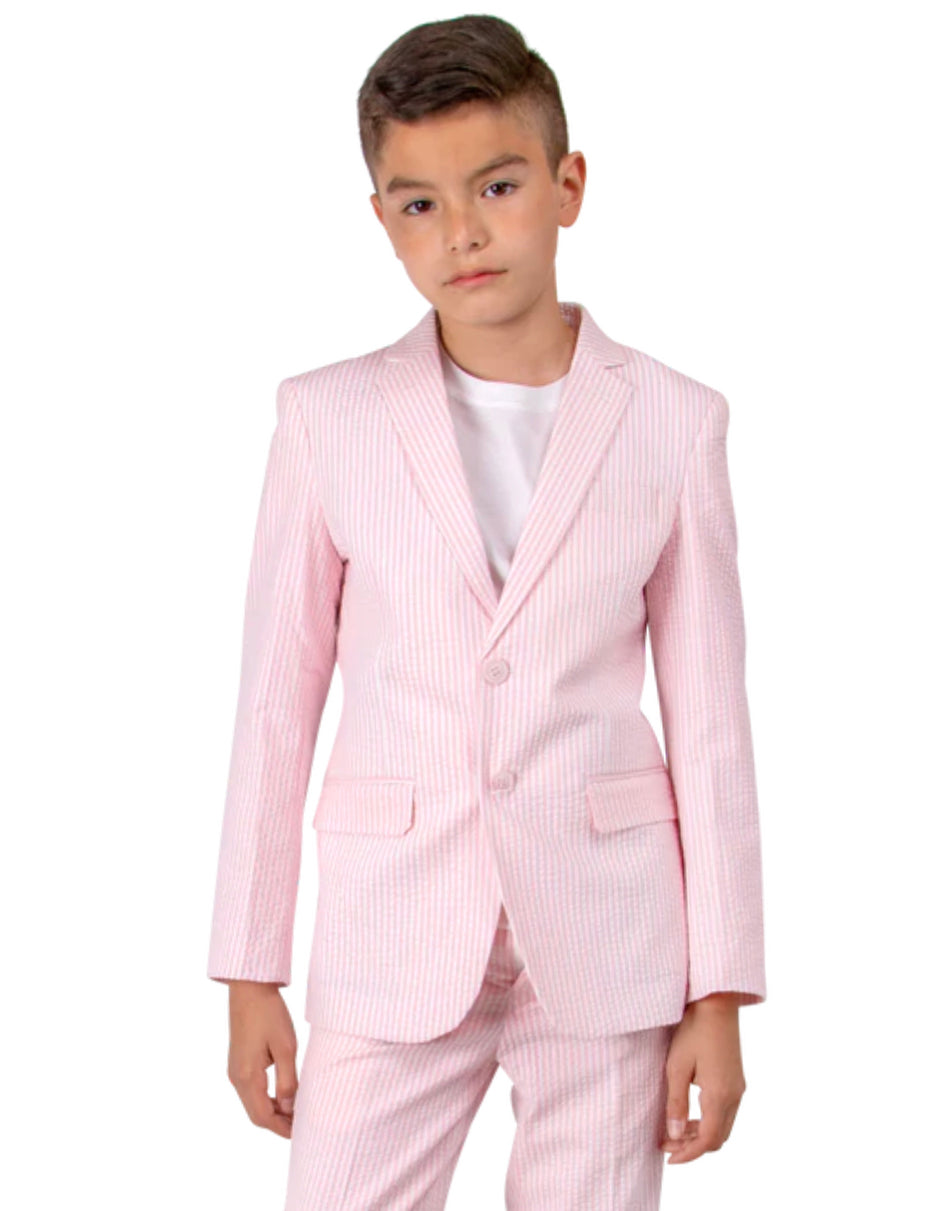 Boys Designer 2 Button Summer Seersucker Wedding Suit in Pink