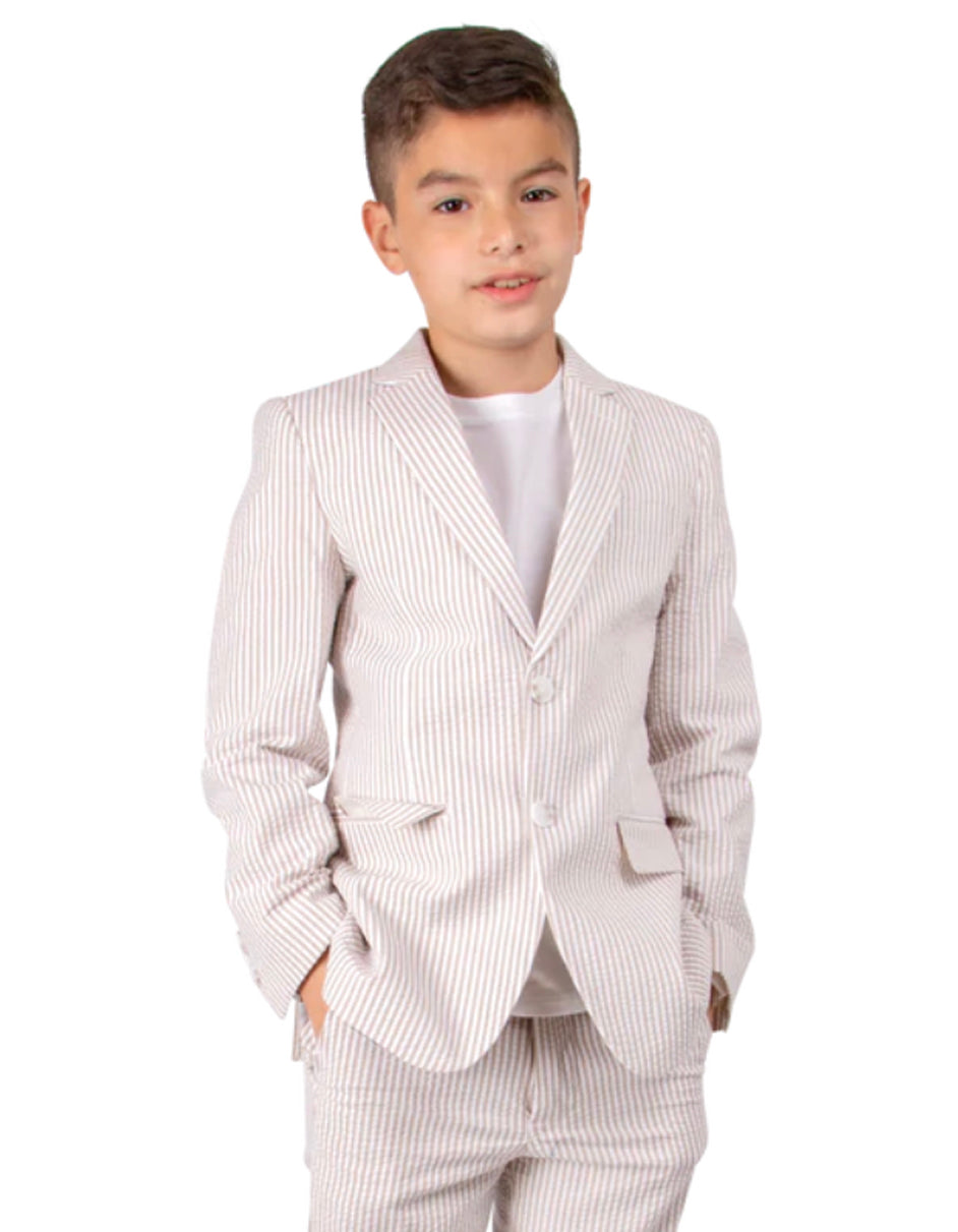 Boys Designer 2 Button Summer Seersucker Wedding Suit in Tan