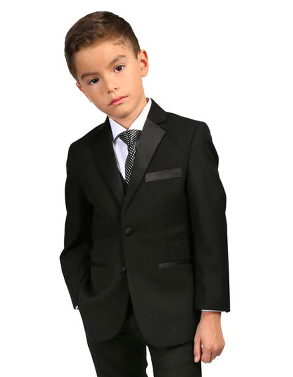 Boys 2 Button Vested Notch Collar Wedding Tuxedo in Black