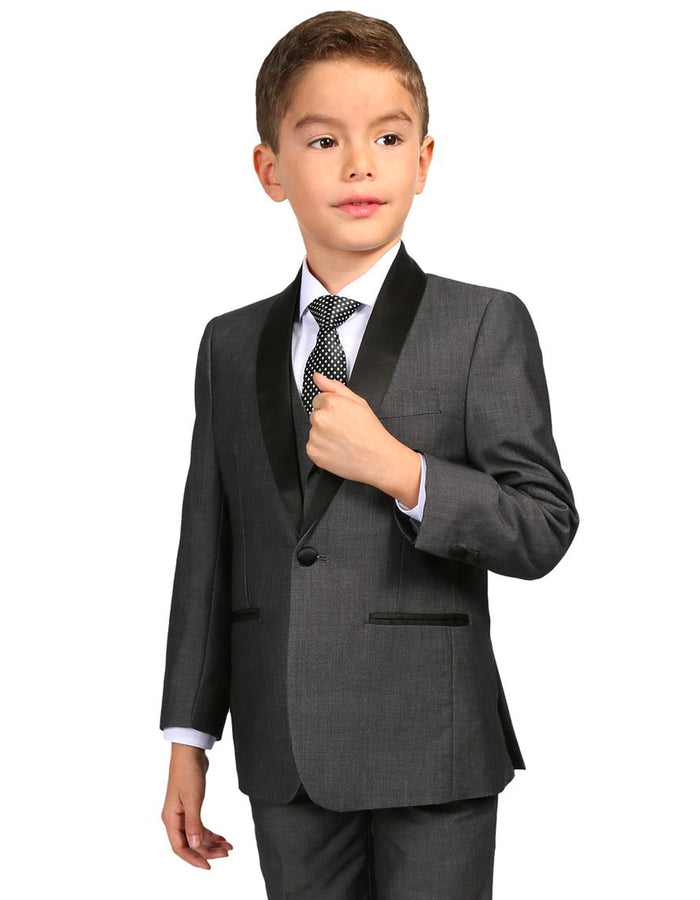 Boys Vested Shawl Collar Wedding Tuxedo in Charcoal Grey - Men's Tuxedo USA
