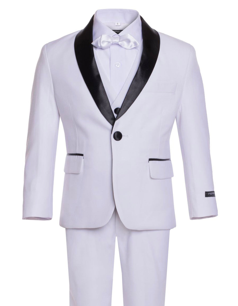 Boys Vested Shawl Collar Tuxedo in White
