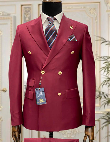 Mens Designer Modern Fit Double Breasted Wool Suit with Gold Buttons in Light Burgundy