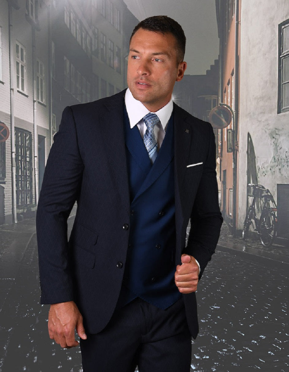 Mens 2 button Navy Suit with Double Breasted Vest