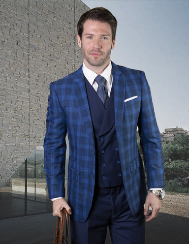 Mens Vested Classic Fit Double Breasted Vest Suit in Sapphire Plaid