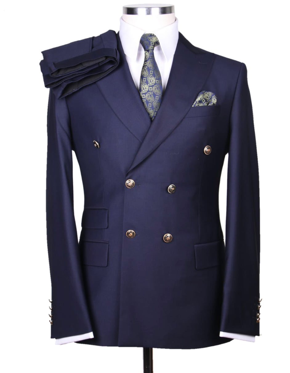 Mens Designer Modern Fit Double Breasted Wool Suit with Gold Buttons in Navy