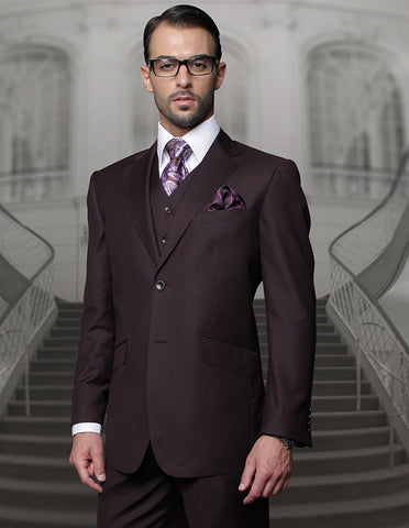 Mens 2 Button Modern Fit Vested Wool Suit in Eggplant