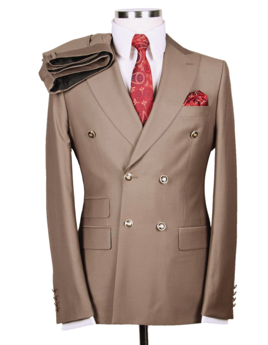 Mens Designer Modern Fit Double Breasted Wool Suit with Gold Buttons in Tan
