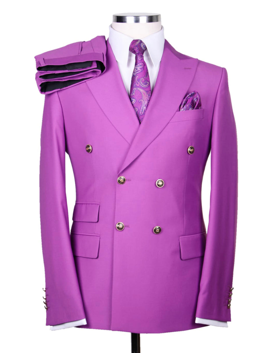 Mens Designer Modern Fit Double Breasted Wool Suit with Gold Buttons in Magenta