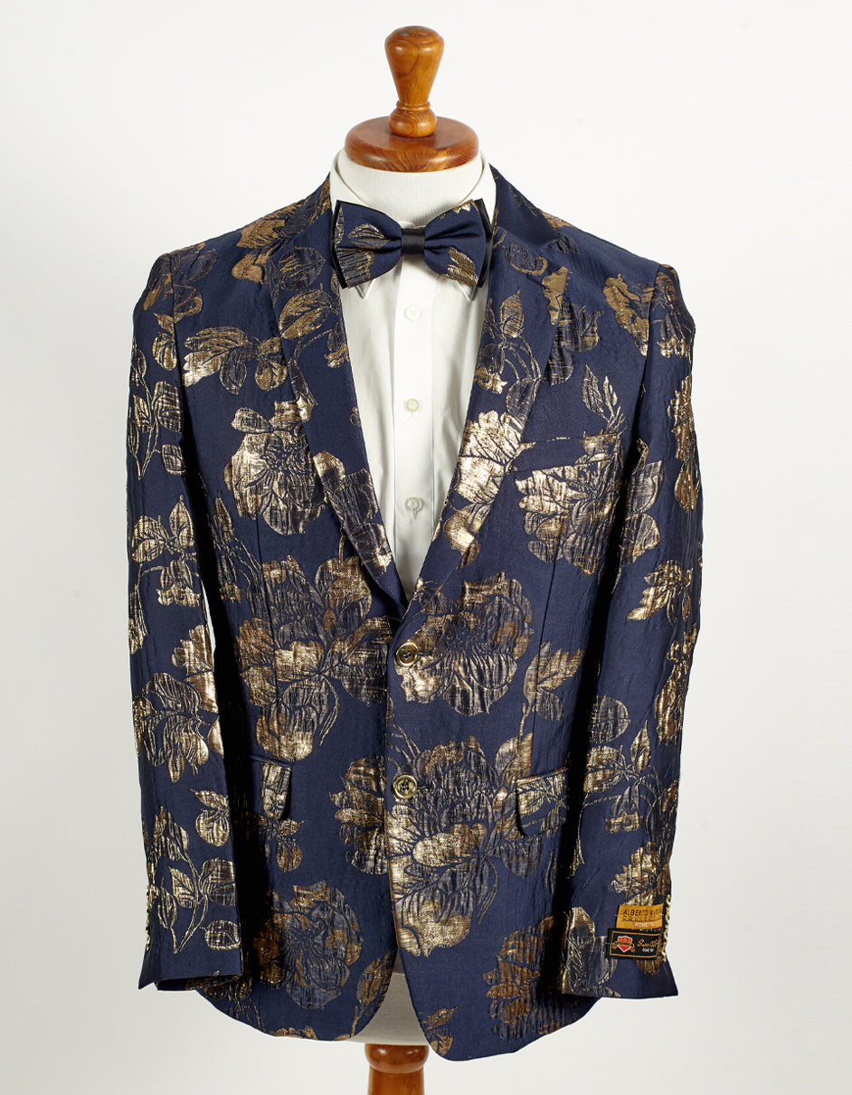 Mens 2 Button Navy Blue & Gold Foil Floral Paisley Prom & Wedding Blazer