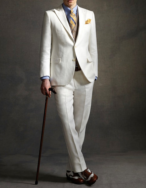 Mens The Great Gatsby Vested Peak Lapel Suit in Ivory with Brown Vest