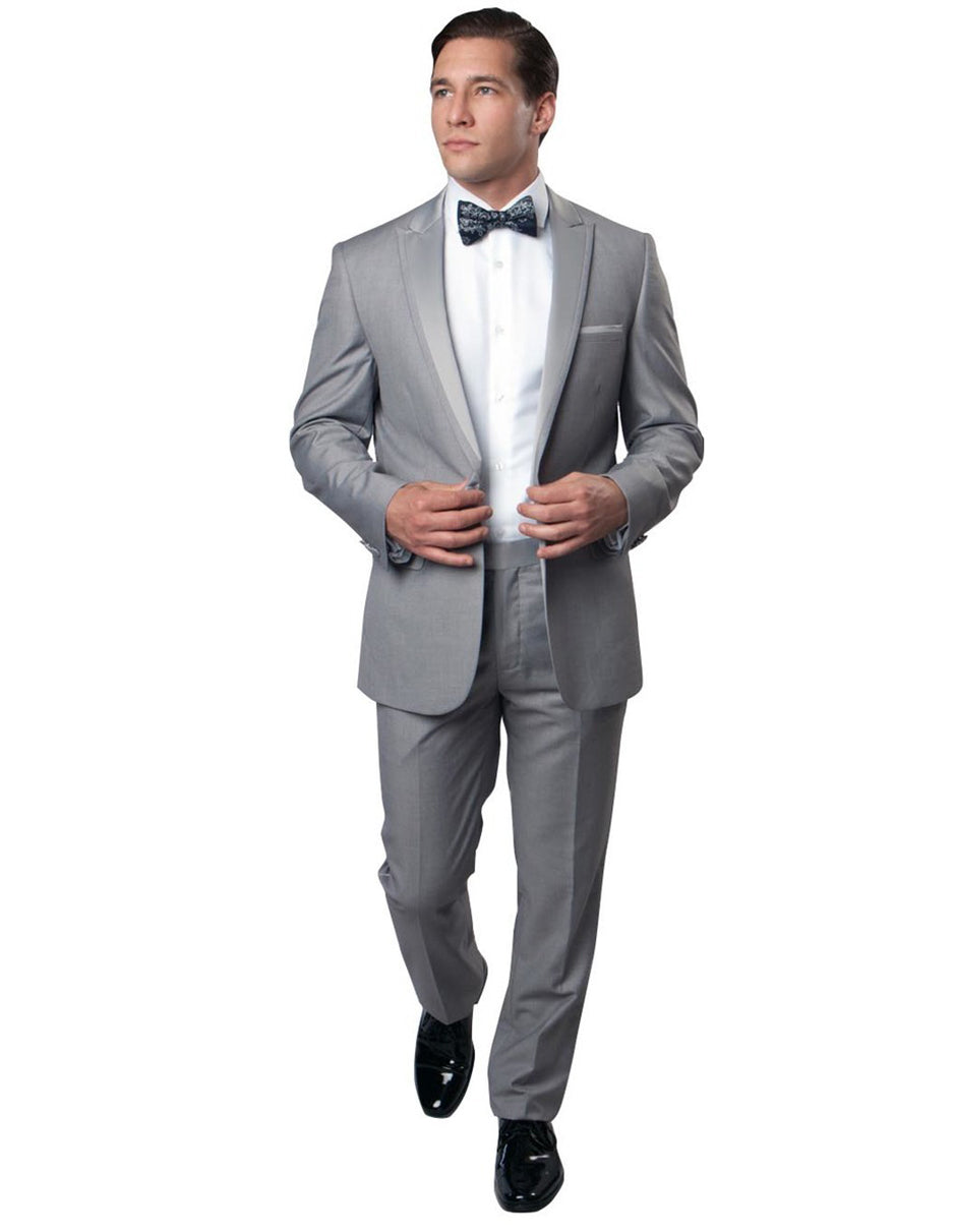 Mens Modern Wool Peak Trim Wedding Tuxedo in Grey