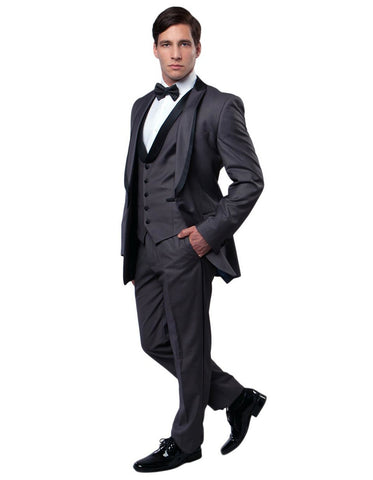 Mens Modern Wool Vested Peak Trim Prom Tuxedo in Charcoal Grey