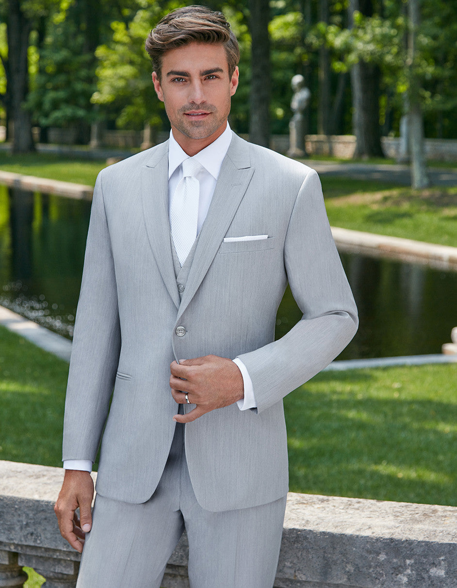Mens Designer 2 Button Peak Lapel Grenada Prom Tuxedo Suit in Light Grey