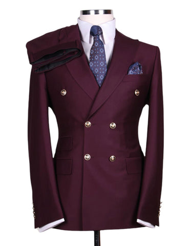 Mens Designer Modern Fit Double Breasted Wool Suit with Gold Buttons in Burgundy