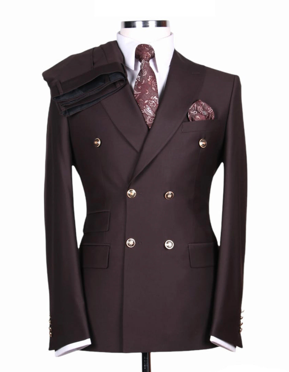 Mens Designer Modern Fit Double Breasted Wool Suit with Gold Buttons in Brown - Men's Tuxedo USA