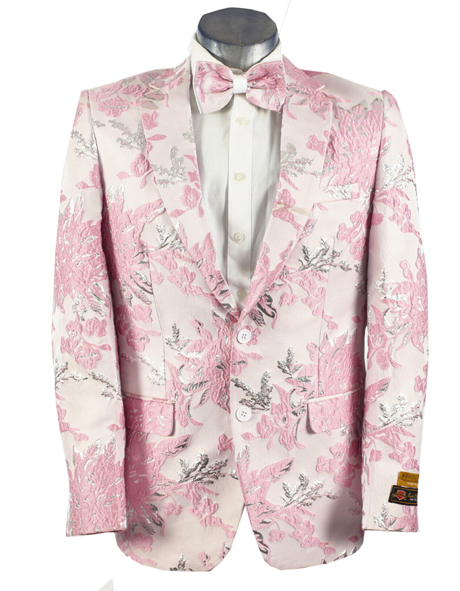 Mens 2 Button Pink, Silver, & White Floral Paisley Prom and Wedding Tuxedo Blazer