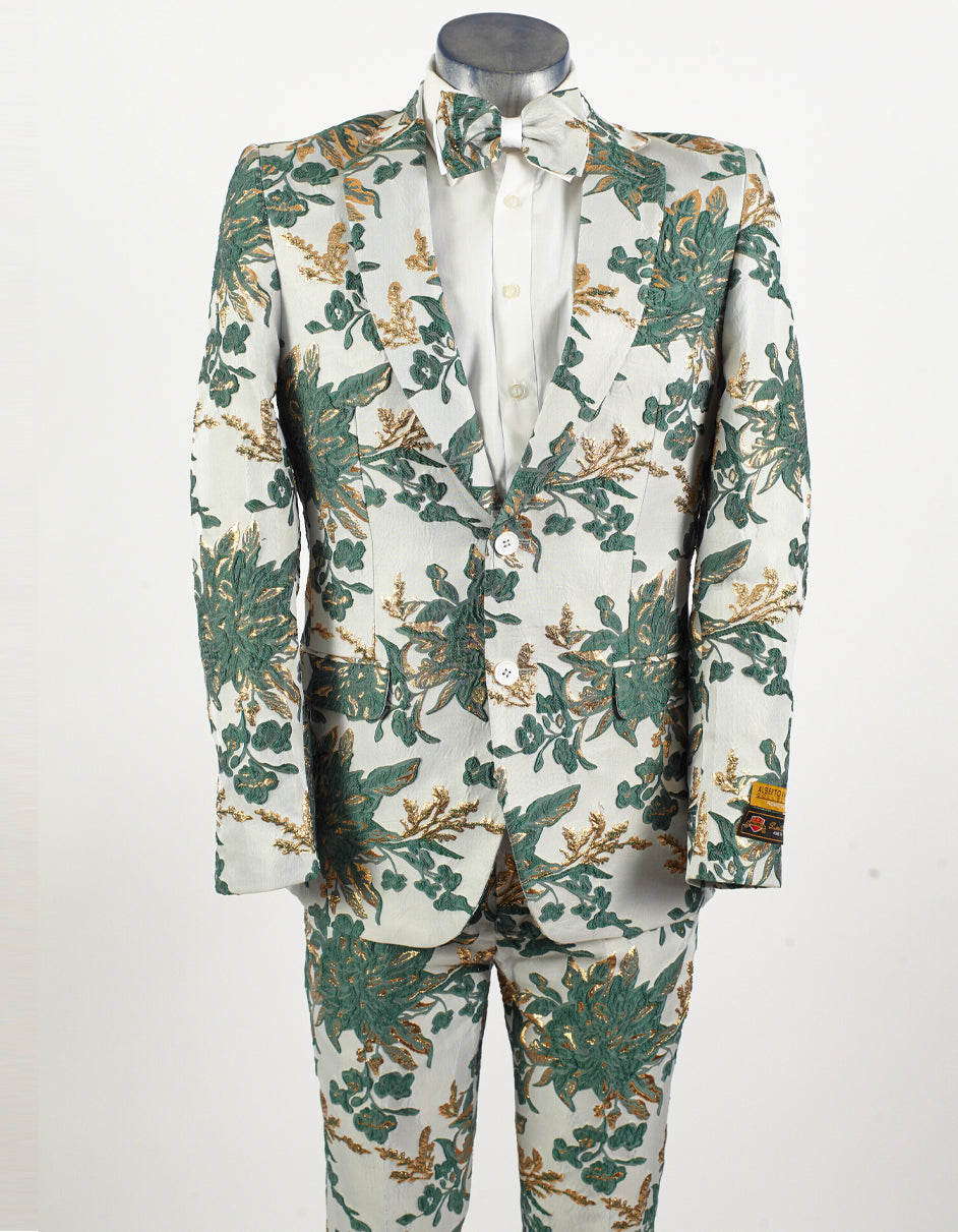 Mens 2 Button Hunter Green & White Floral Paisley Prom and Wedding Tuxedo