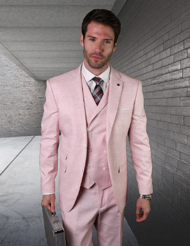 Mens 2 button Slim Fit Suit with Double Breasted Vest in Pink