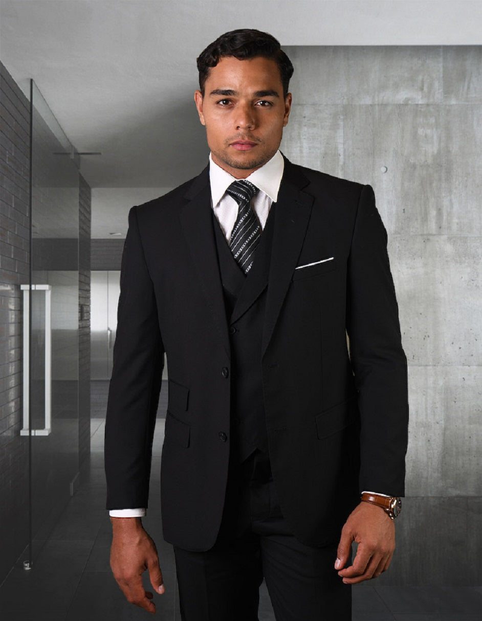 Mens 2 Button Slim Fit Wool Suit With Double Breasted Vest in Black