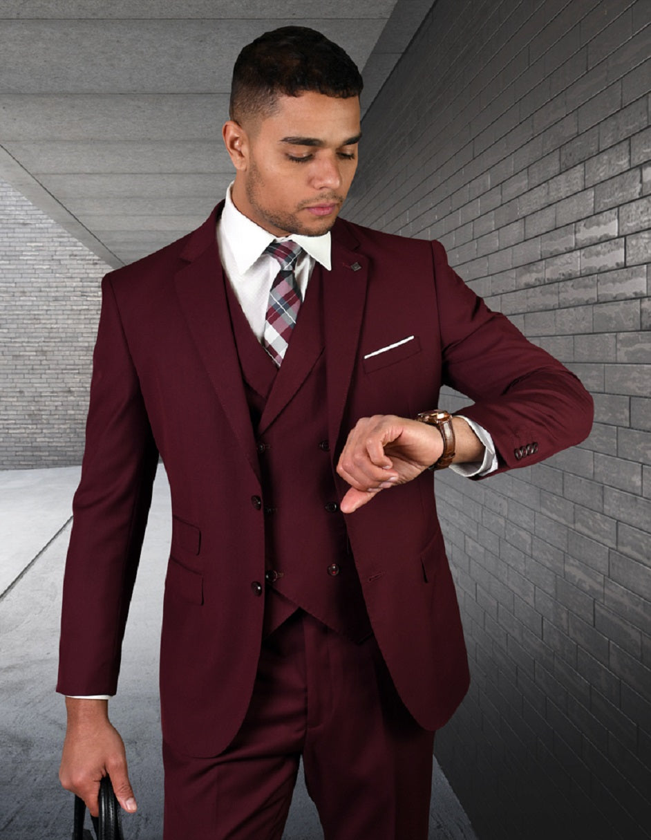 Mens 2 Button Slim Fit Wool Suit With Double Breasted Vest in Burgundy