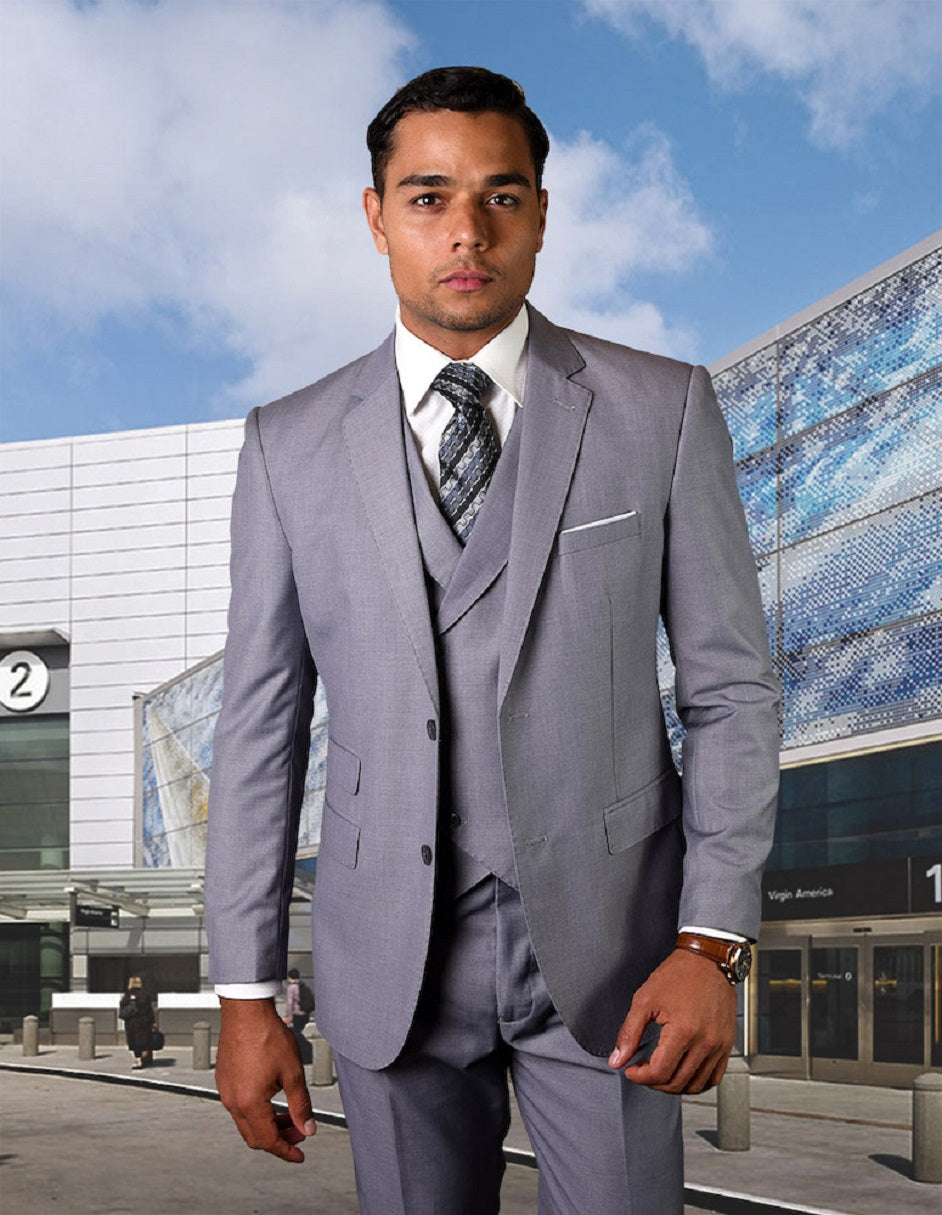 Mens 2 Button Slim Fit Wool Suit With Double Breasted Vest in Grey