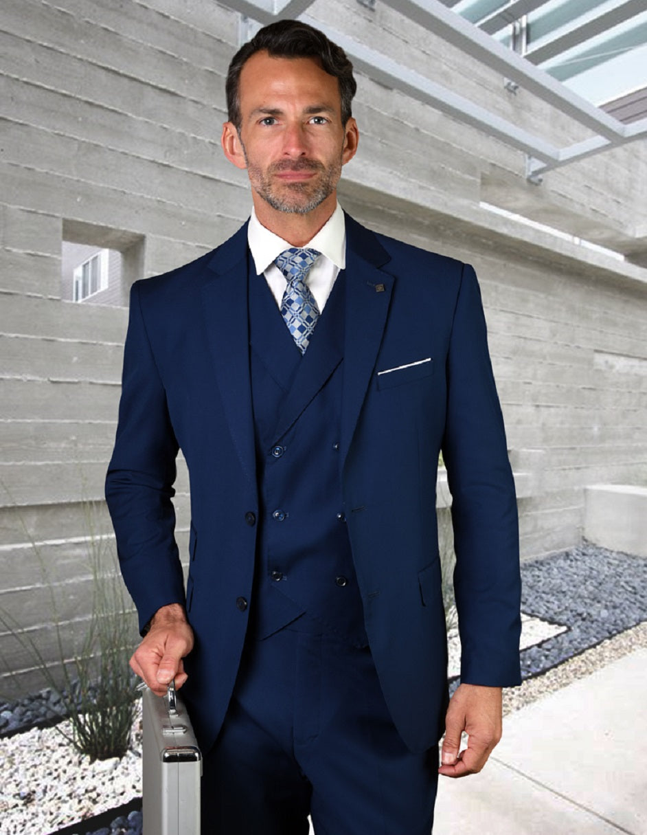 Mens 2 Button Slim Fit Wool Suit With Double Breasted Vest in Sapphire