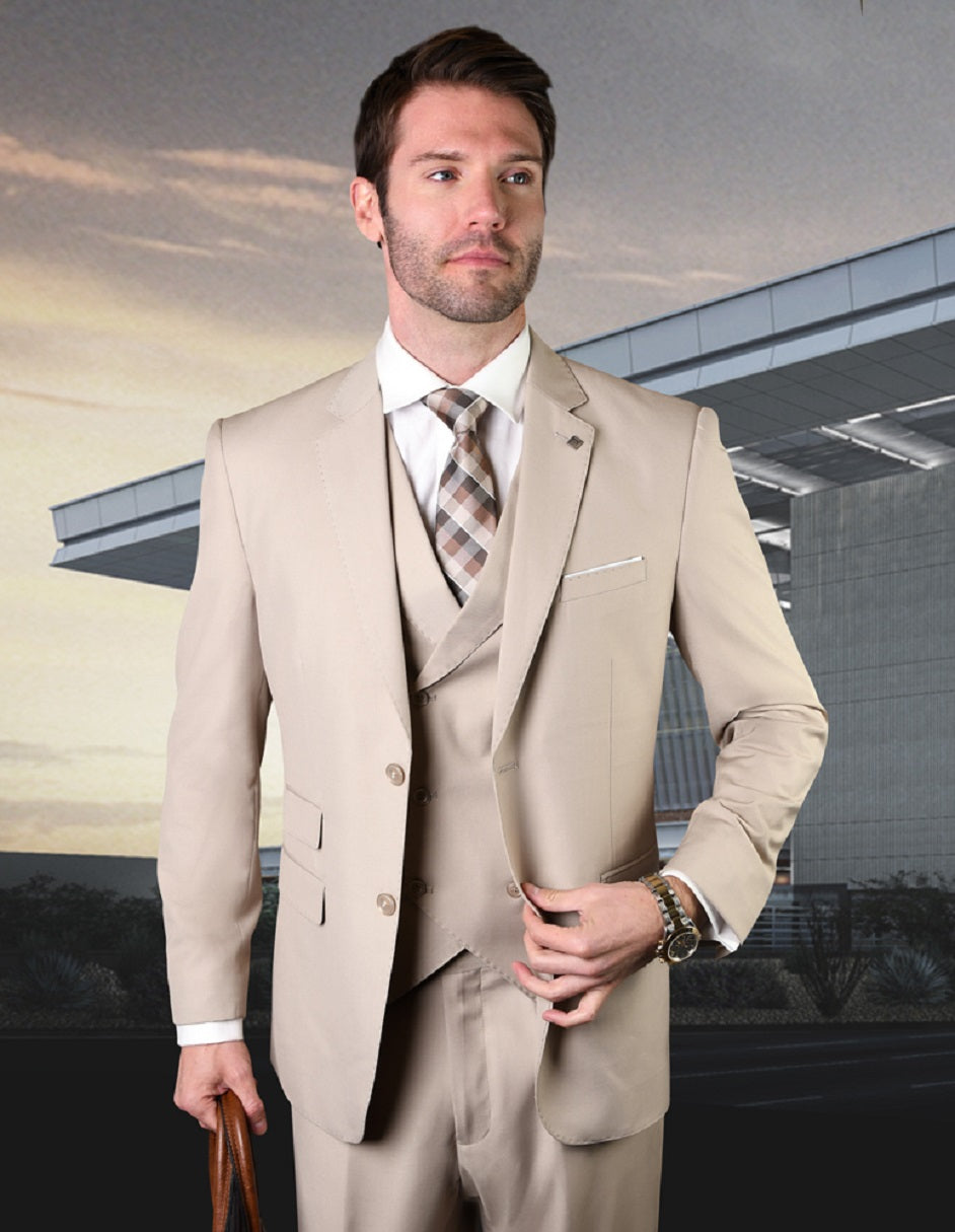 Mens 2 Button Slim Fit Wool Suit With Double Breasted Vest in Tan