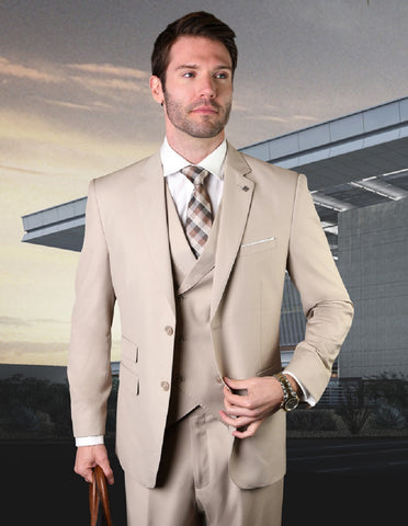 Mens 2 Button Slim Fit Wool Suit With Double Breasted Vest in Tan