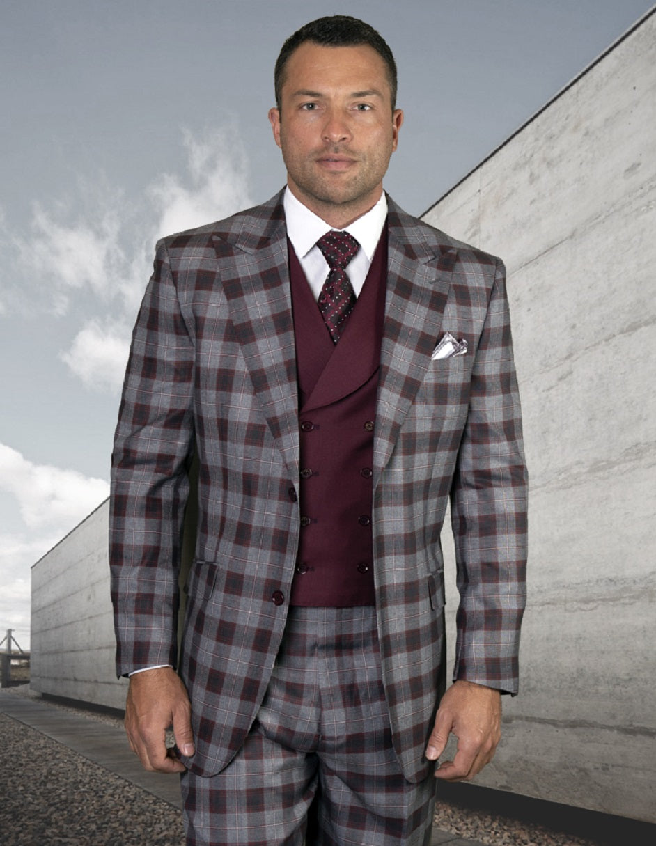 Mens 2 Button Peak Lapel Wool Suit with Double Breasted Vest in Burgundy Plaid