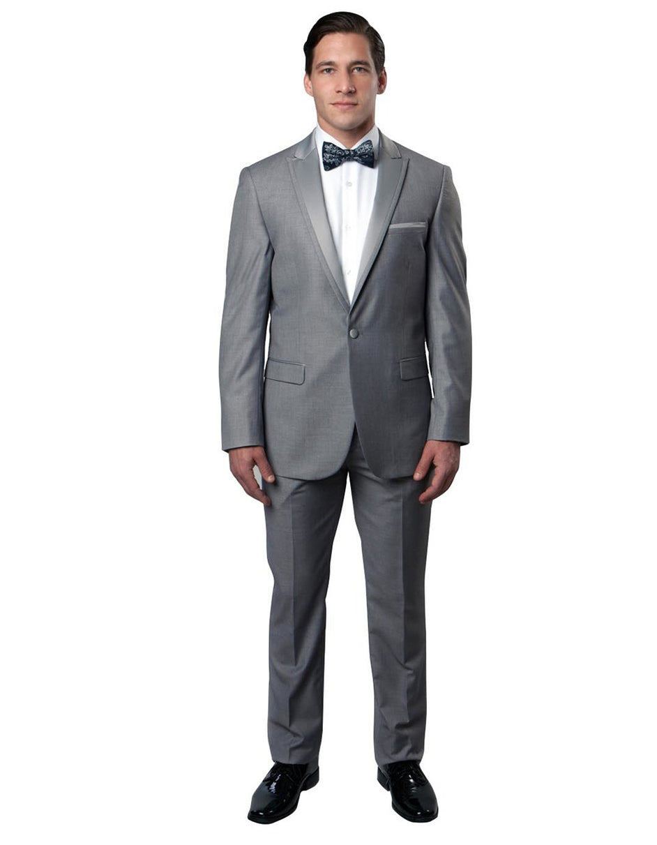 Mens Modern Wool Peak Trim Prom Tuxedo in Light Grey