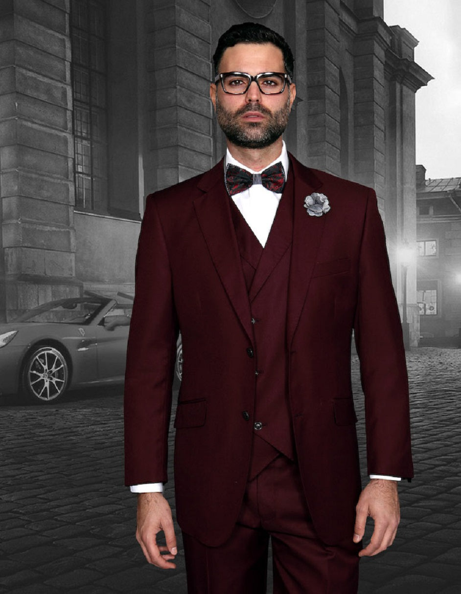 Mens 2 Button Classic Fit Pleated Pant Suit with Double Breasted Vest in Burgundy - Men's Tuxedo USA