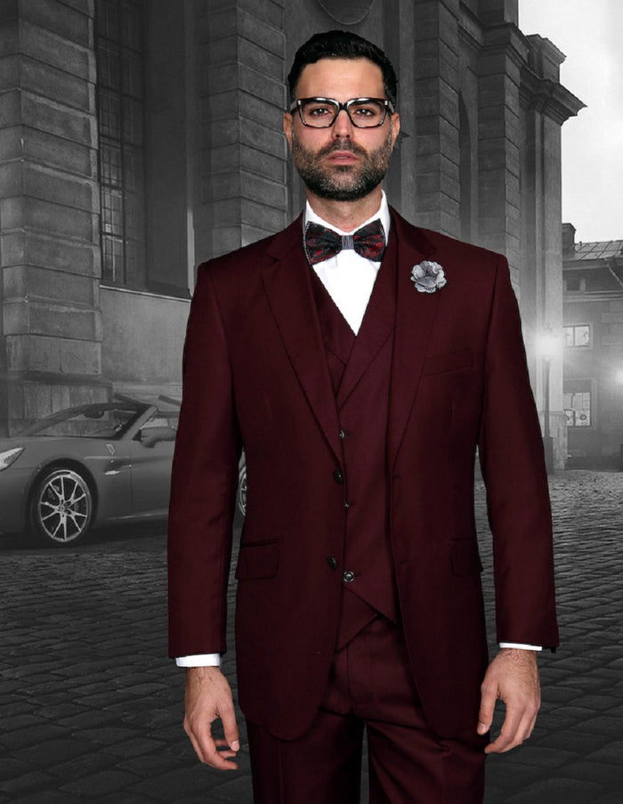 Mens 2 Button Classic Fit Pleated Pant Suit with Double Breasted Vest in Burgundy - Men's Tuxedo USA
