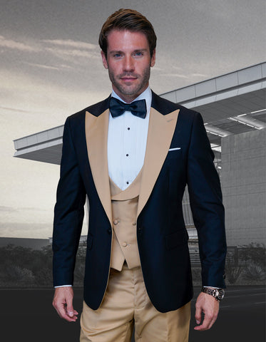 Mens Wool Vested Wide Contrast Peak Wedding Tuxedo in Black & Gold