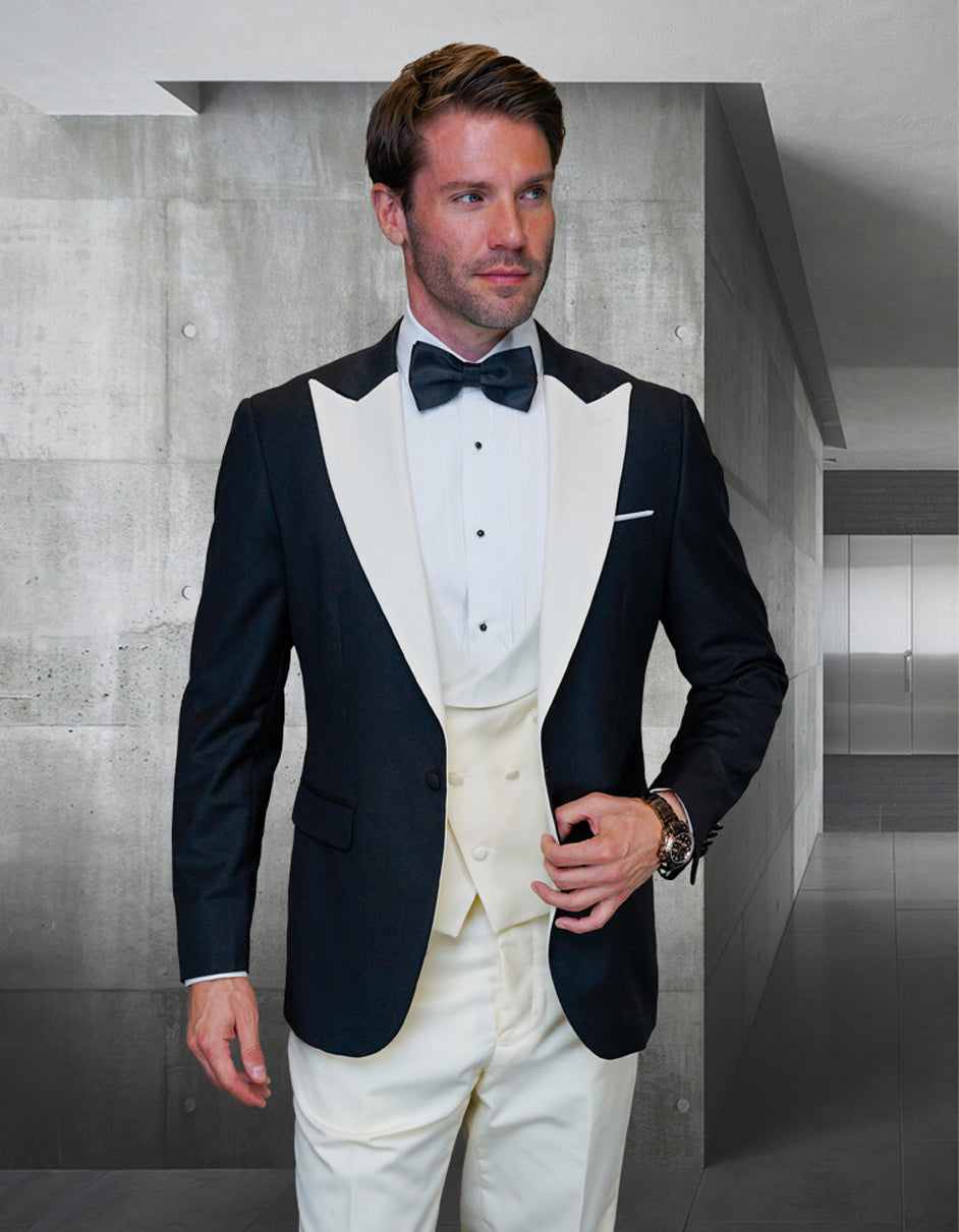 Mens Wool Vested Wide Contrast Peak Wedding Tuxedo in Black & Ivory