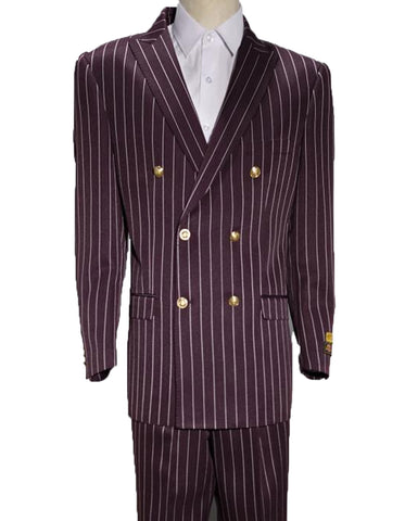 Mens Double Breasted Bold Pinstripe in Burgundy & White