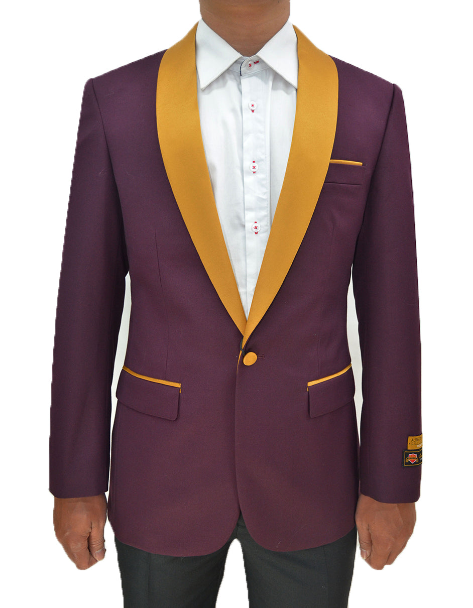 Mens One Button Contrast Shawl Collar Dinner Jacket Burgundy & Gold