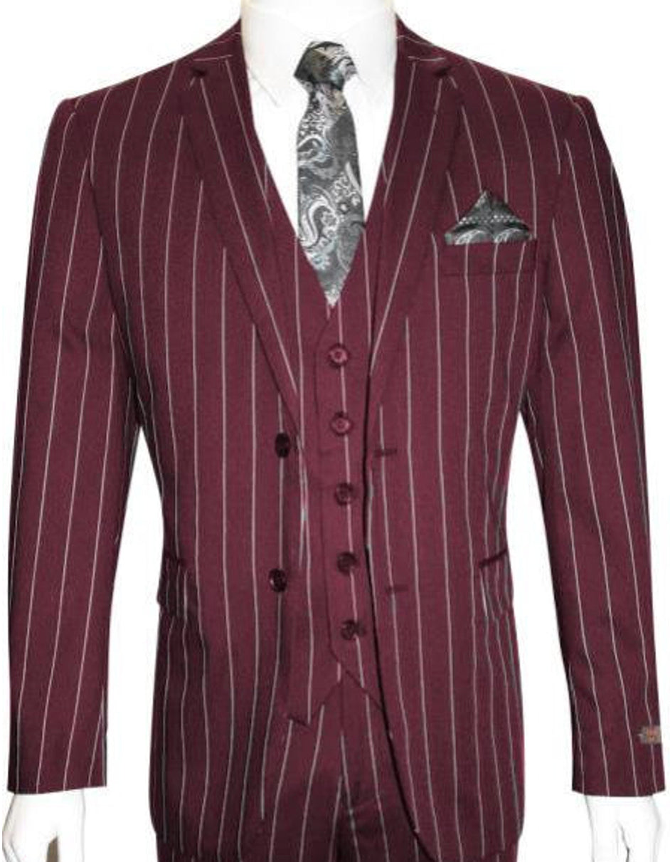 Mens 2 Button Gangster Pinstripe Suit in Burgundy