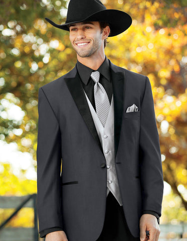 Mens 1 Button Peak Lapel Cowboy Tuxedo in Grey