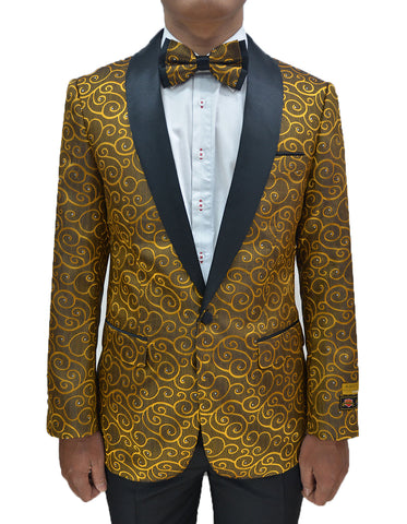 Mens Swirl & Diamond Pattern Prom Tuxedo Jacket in Gold & Black