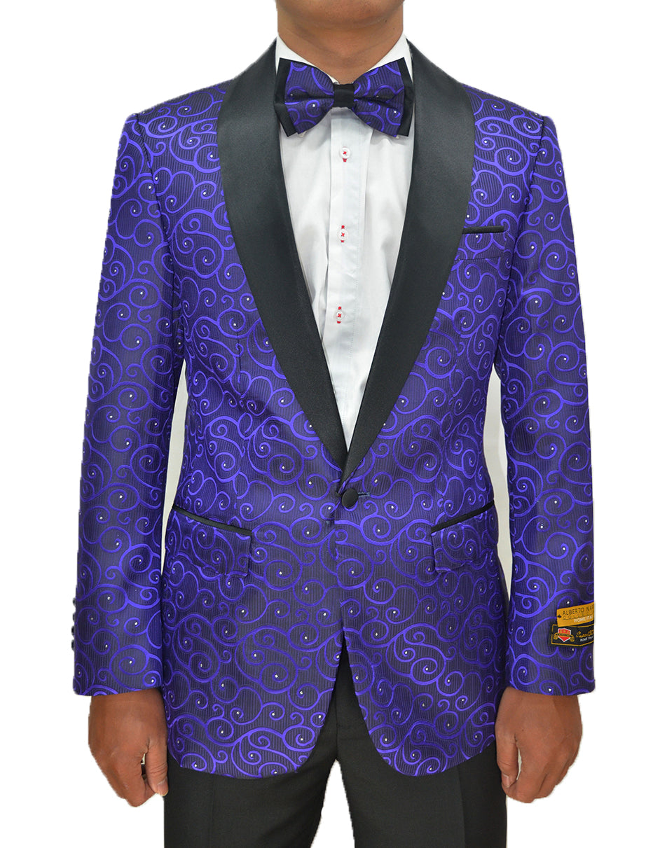Mens Swirl & Diamond Pattern Tuxedo Jacket in Purple & Black