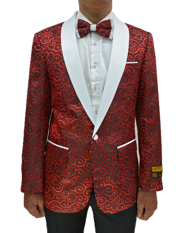 Mens Swirl & Diamond Pattern Tuxedo Jacket in Red & White
