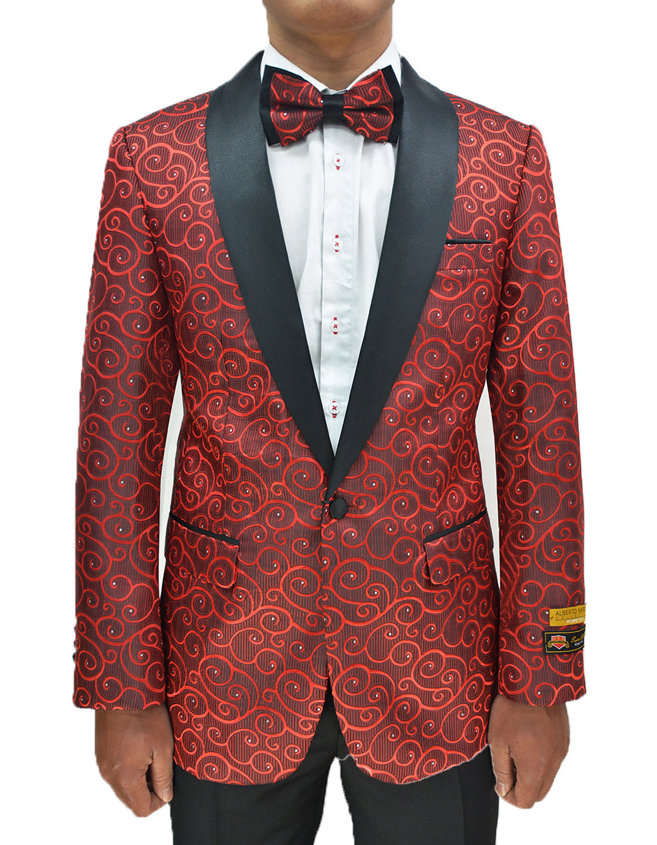 XS Mens Swirl Diamond Pattern Tuxedo Jacket in Red Black